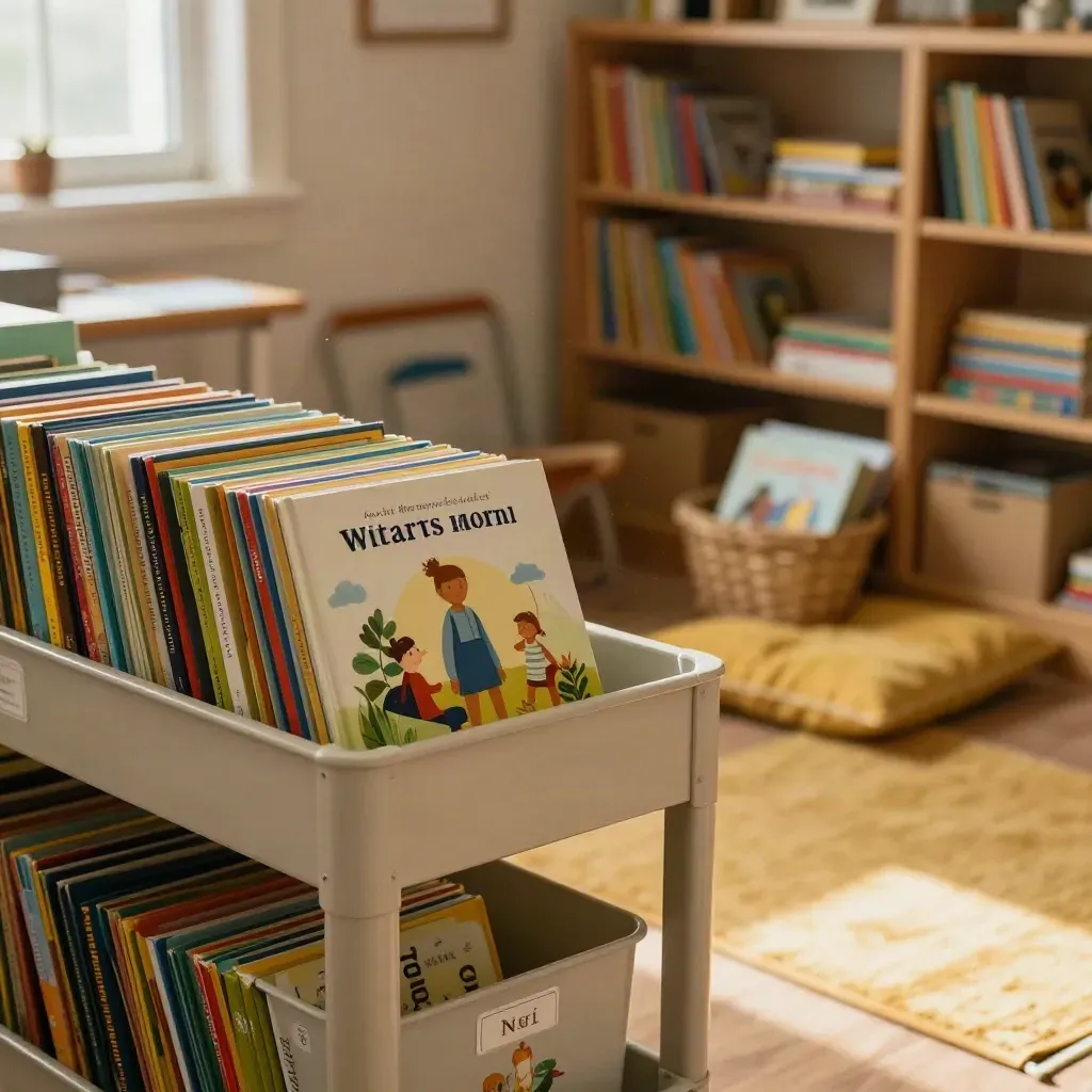 Teacher-picked picture books in a classroom reading corner with rug and take-home basket