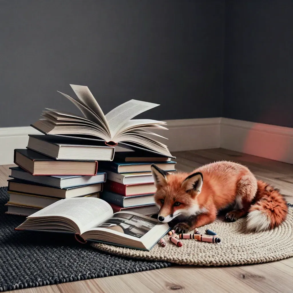An open picture book flips amid a plush fox and crayons on a cozy play mat.