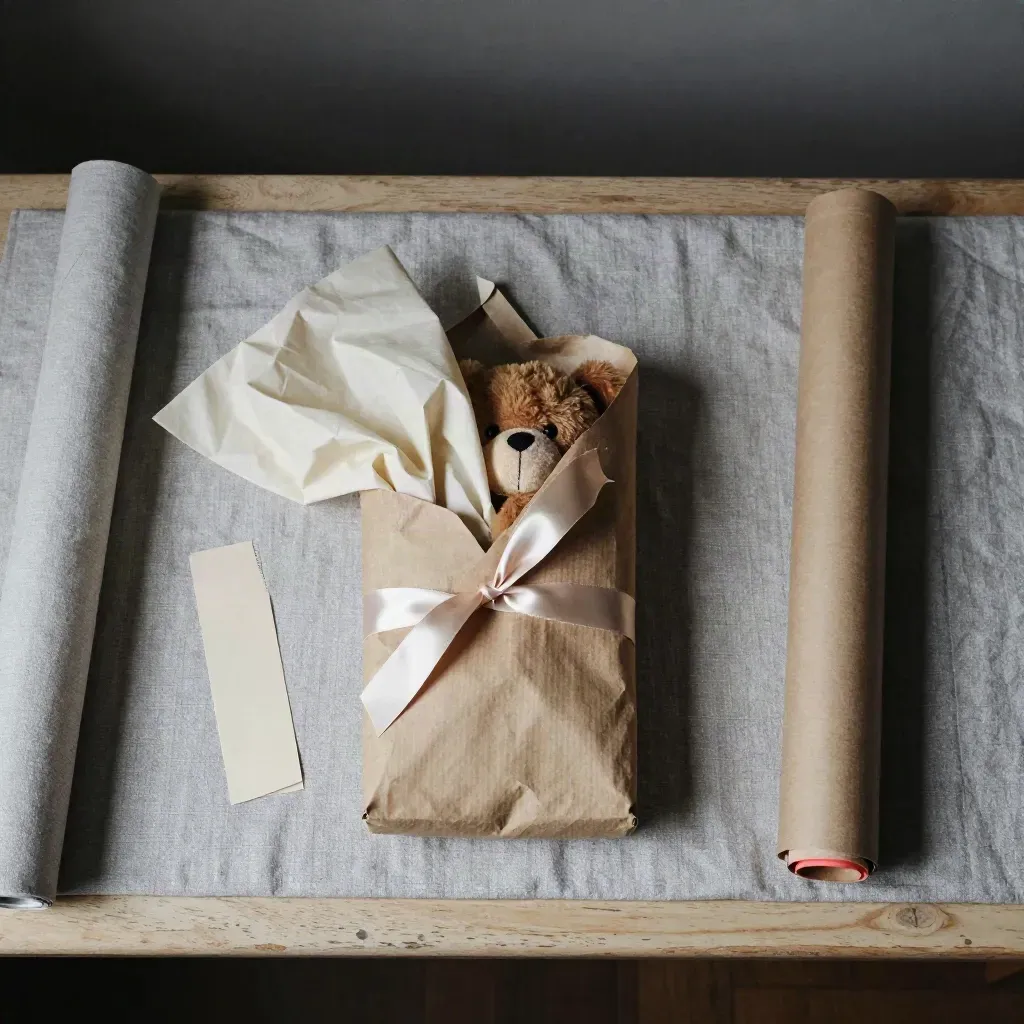 Half-wrapped story gift bundle with ribbon, tissue, bookmark and plush toy on an ash-grey wrapping bench.