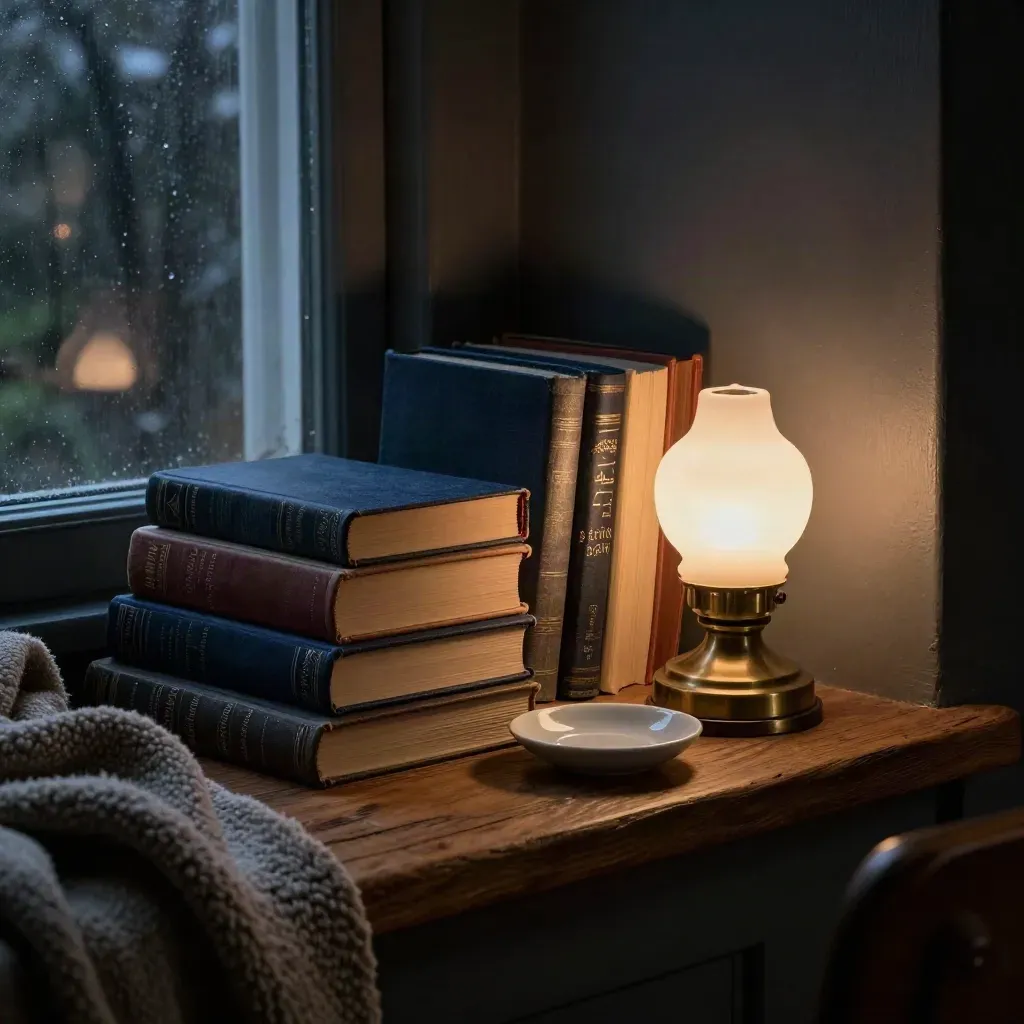 Closed picture books, lamp, blanket and ceramic dish on a bedside ledge at night.