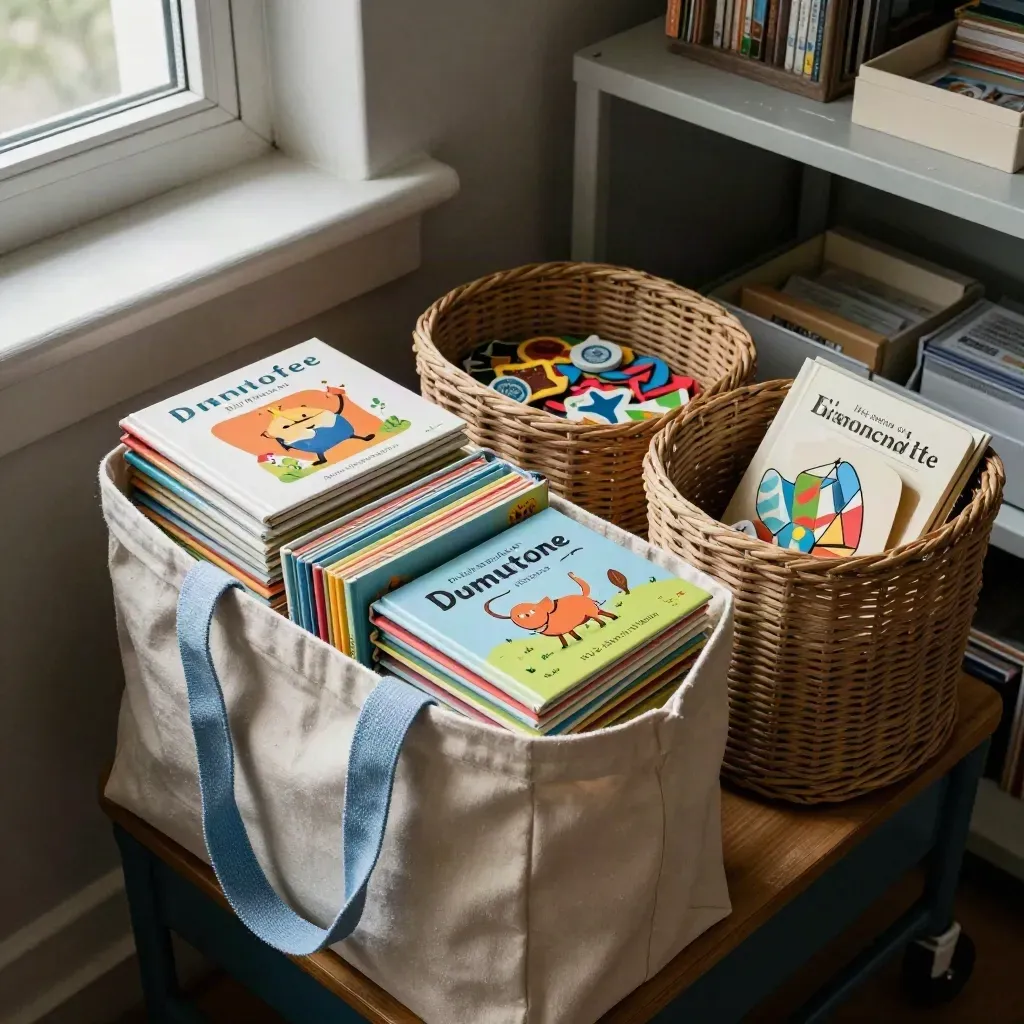 High-angle classroom tote of teacher book bundles beside shelf bins and reward supplies.