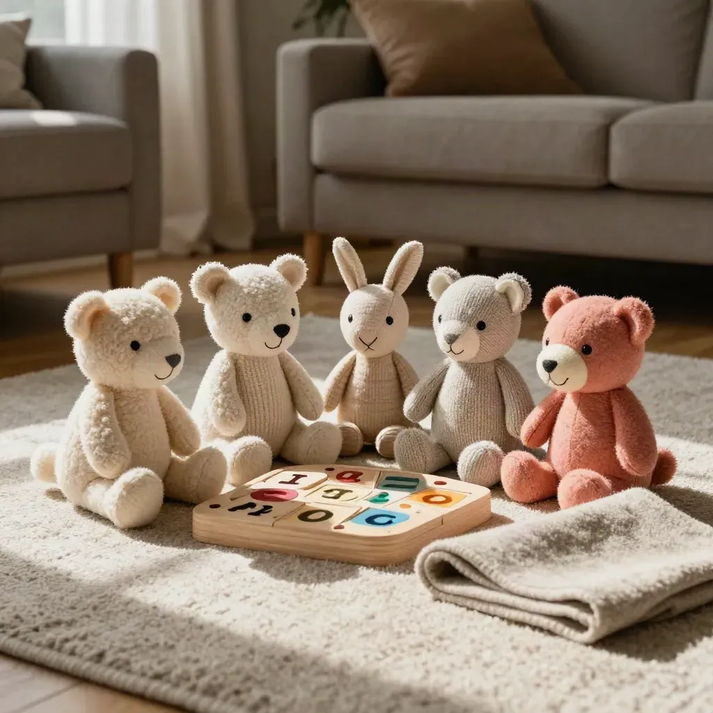 Plush alphabet animals, a wooden letter game, and a soft blanket on a living room rug in warm daylight.